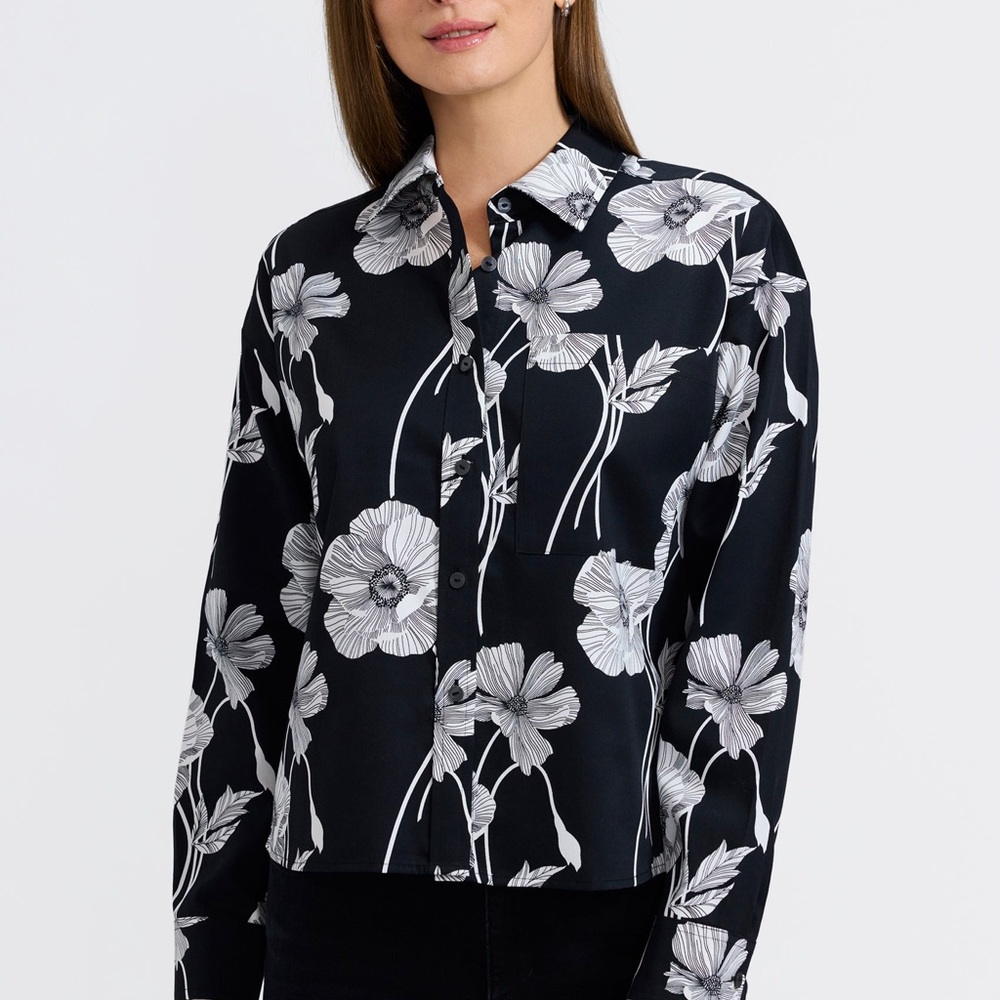 Foxcroft Black and White Floral Button Down Shirt